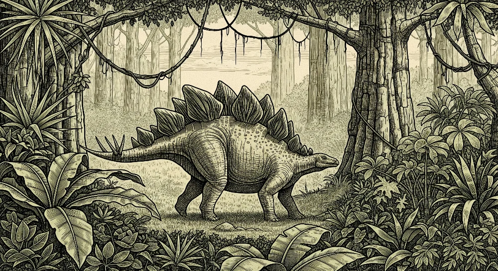 Lastenhuoneen tapetti | Dinosauruksen stegosaurus viidakon esihistoriallisessa ympäristössä