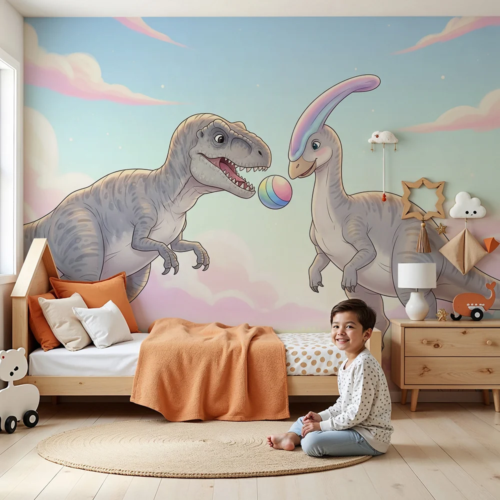 Lastenhuoneen tapetti | Dinosaurukset pelaavat pastellimaisemassa