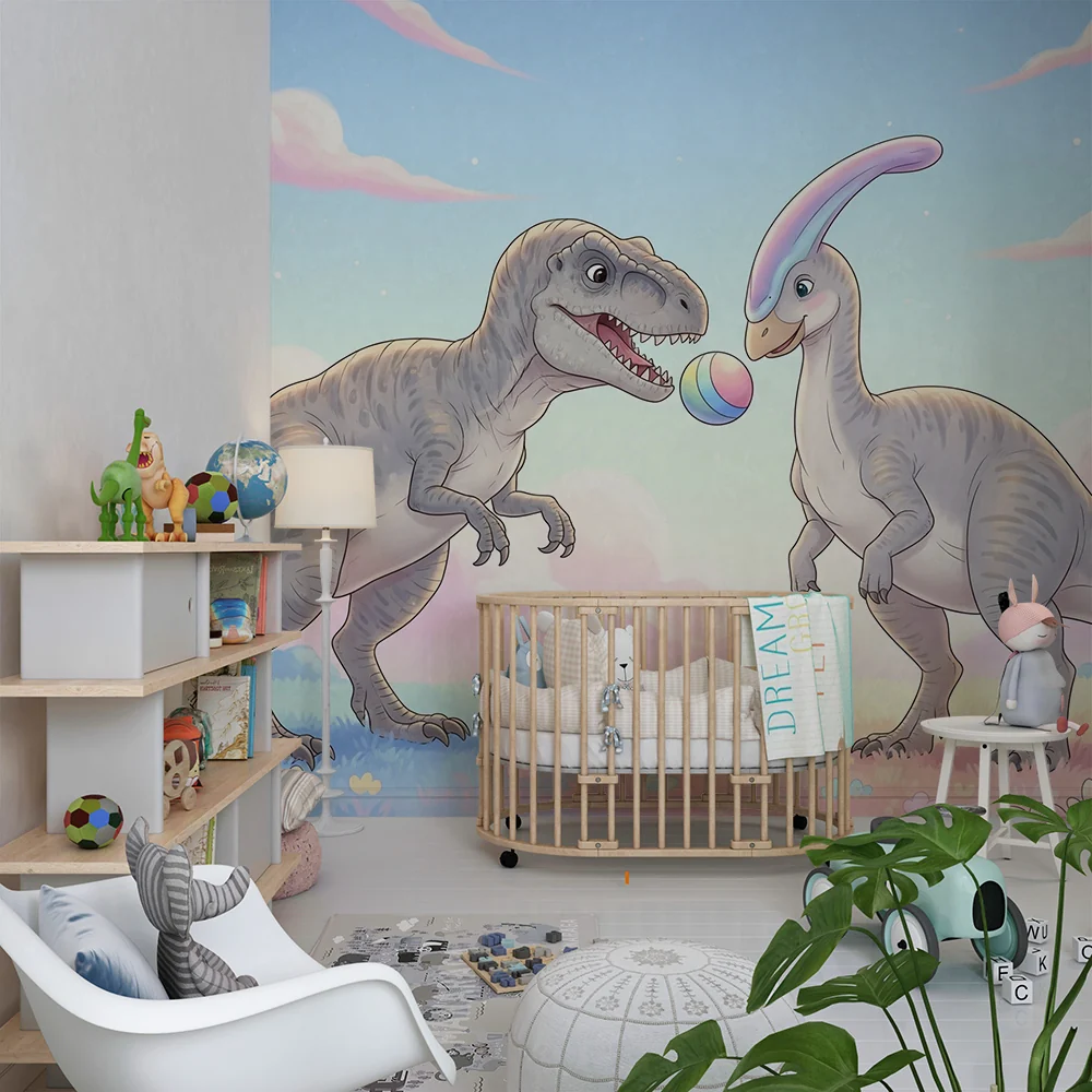 Lastenhuoneen tapetti | Dinosaurukset pelaavat pastellimaisemassa