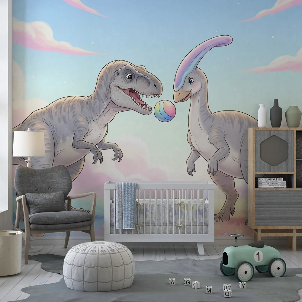 Lastenhuoneen tapetti | Dinosaurukset pelaavat pastellimaisemassa