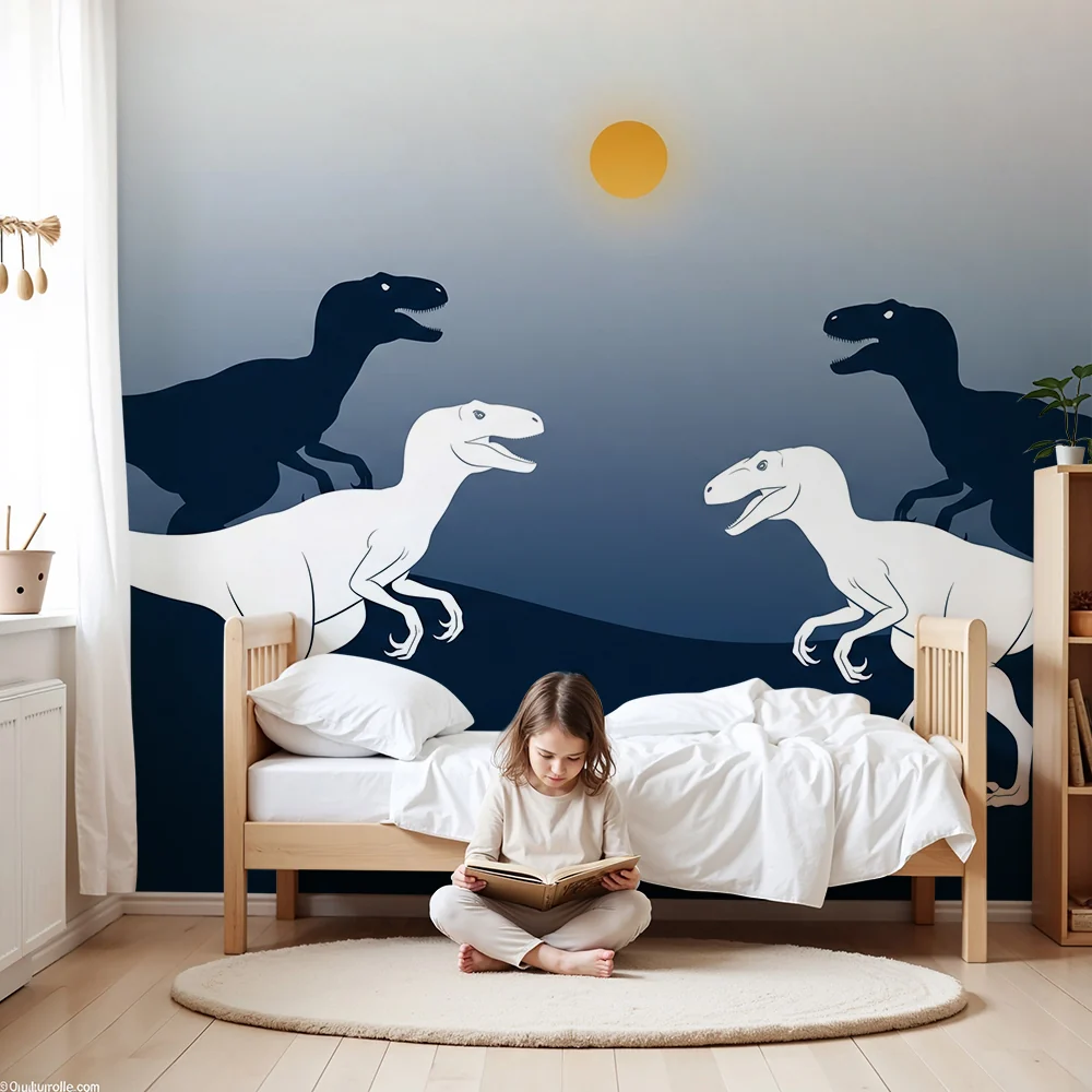Lastenhuoneen tapetti | Dinosaurukset siluettina auringonlaskussa