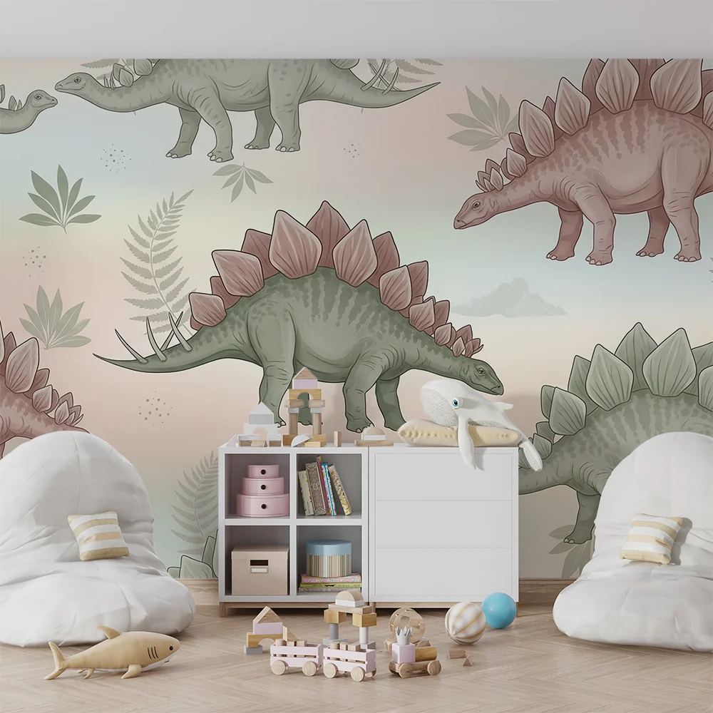 Lastenhuoneen tapetti | Dinosaurukset Stegosaurus vaalean pastellisella taustalla