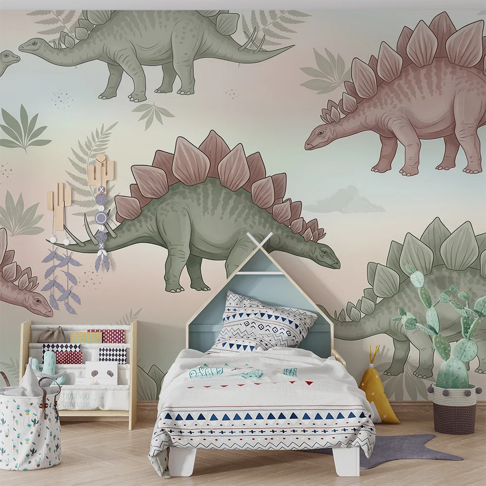 Lastenhuoneen tapetti | Dinosaurukset Stegosaurus vaalean pastellisella taustalla