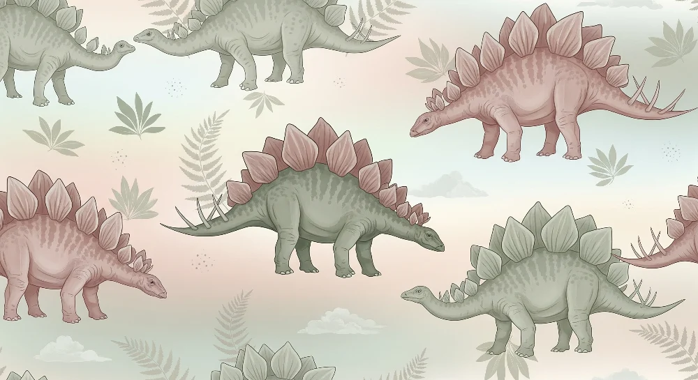Lastenhuoneen tapetti | Dinosaurukset Stegosaurus vaalean pastellisella taustalla