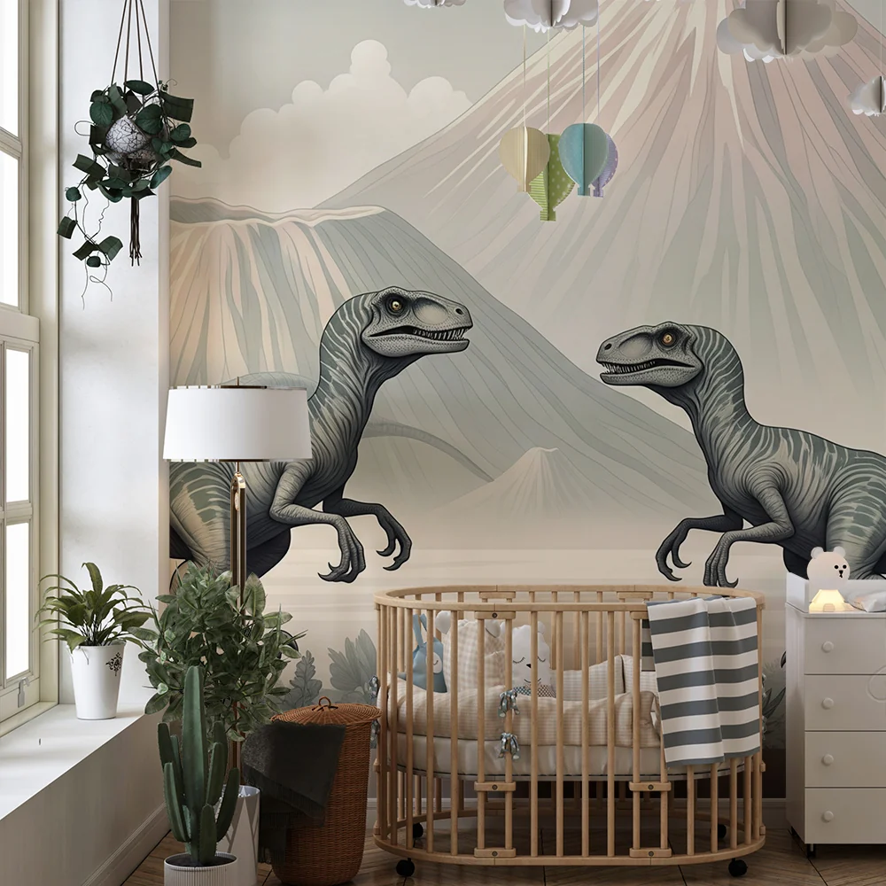 Lastenhuoneen tapetti | Dinosauruksia ja esihistoriallisia maisemia majesteettisine tulivuorineen