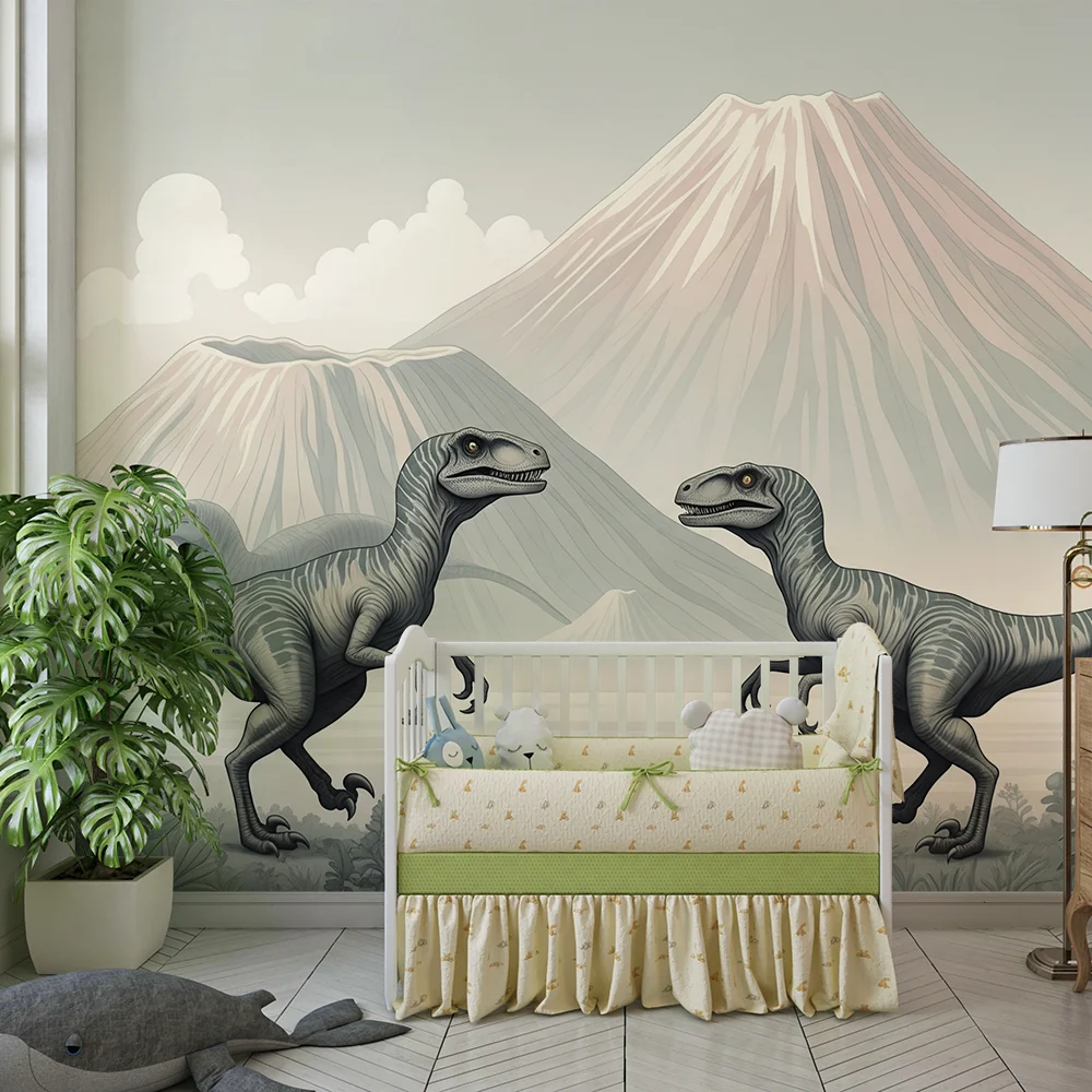 Lastenhuoneen tapetti | Dinosauruksia ja esihistoriallisia maisemia majesteettisine tulivuorineen