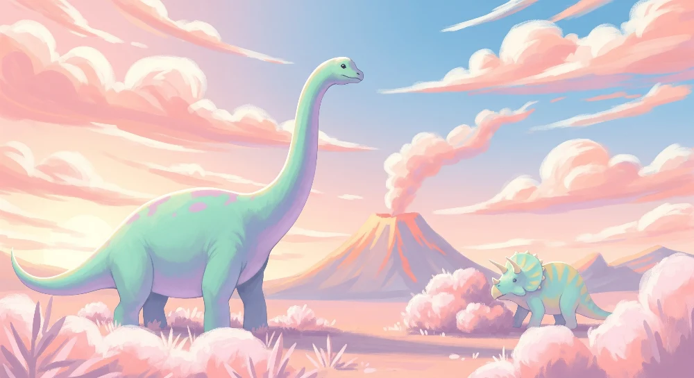 Lastenhuoneen tapetti | Dinosauruksia pastellisessa esihistoriallisessa maisemassa