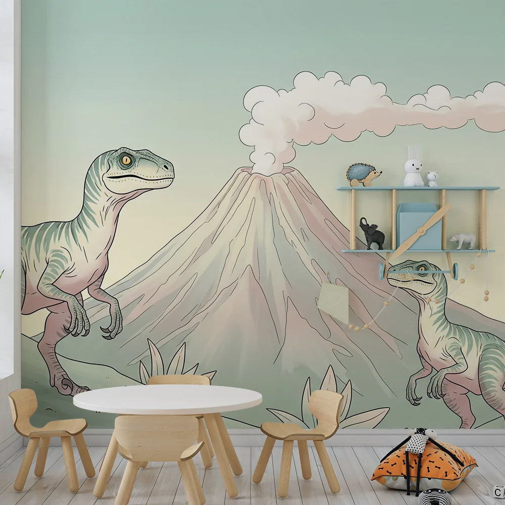 Lastenhuoneen tapetti | Dinosauruksia ja tulivuoria esihistoriallisessa maisemassa