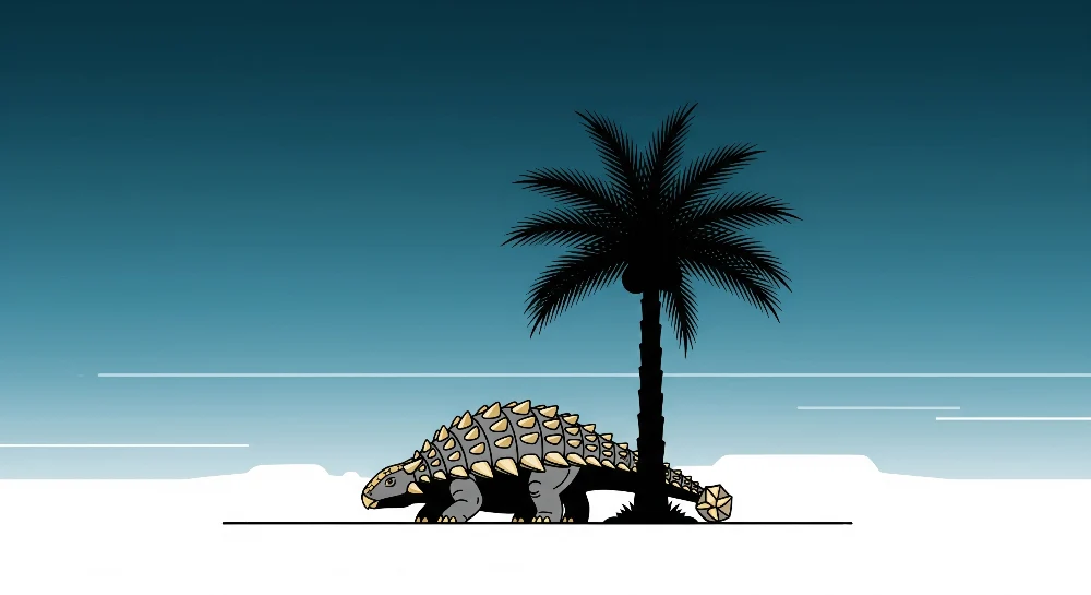 Lastenhuoneen tapetti | Söpö dinosaurus palmupuun alla tyylitellyssä maisemassa