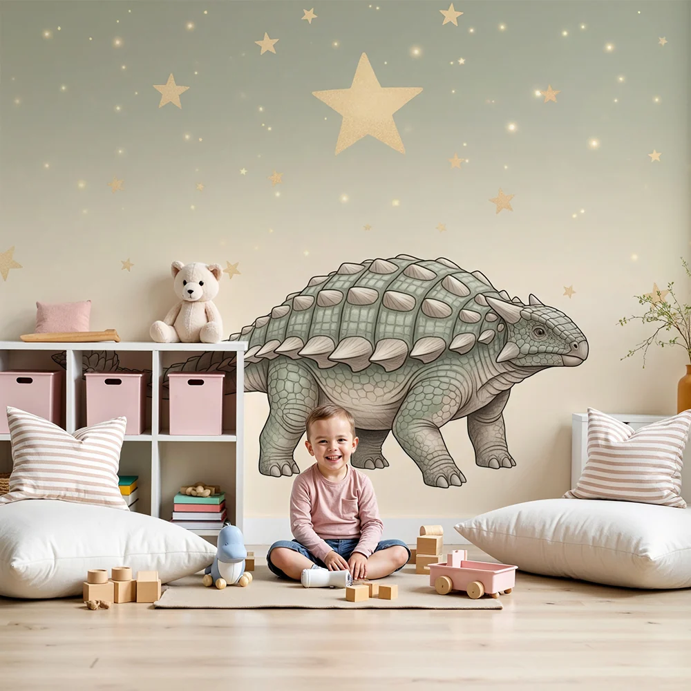 Lastenhuoneen tapetti | Söpö dinosaurus tähtitaivaan alla
