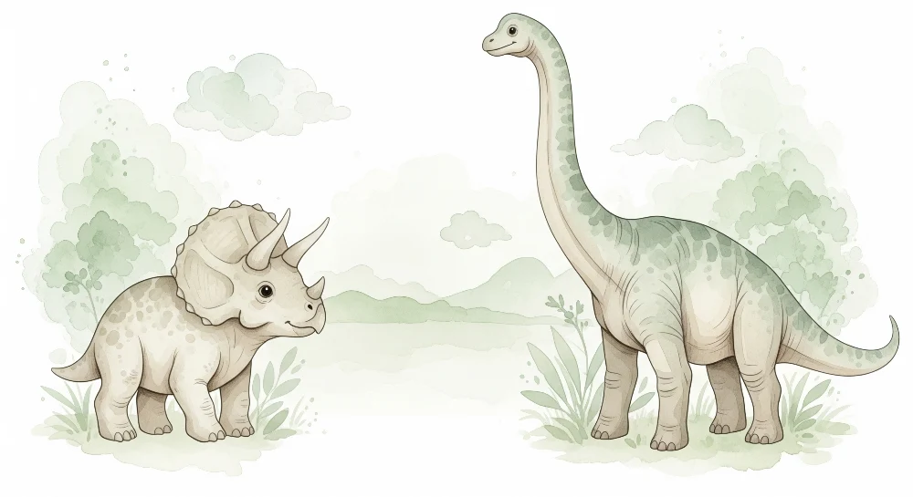 Lastenhuoneen tapetti | Söpö dinosaurus triceratopsin ja brachiosauruksen kanssa lempeässä maisemassa