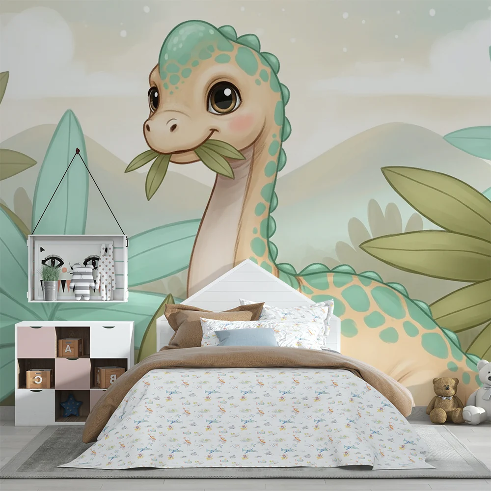 Lastenhuoneen tapetti | Söpö dinosaurus trooppisten lehtien kanssa