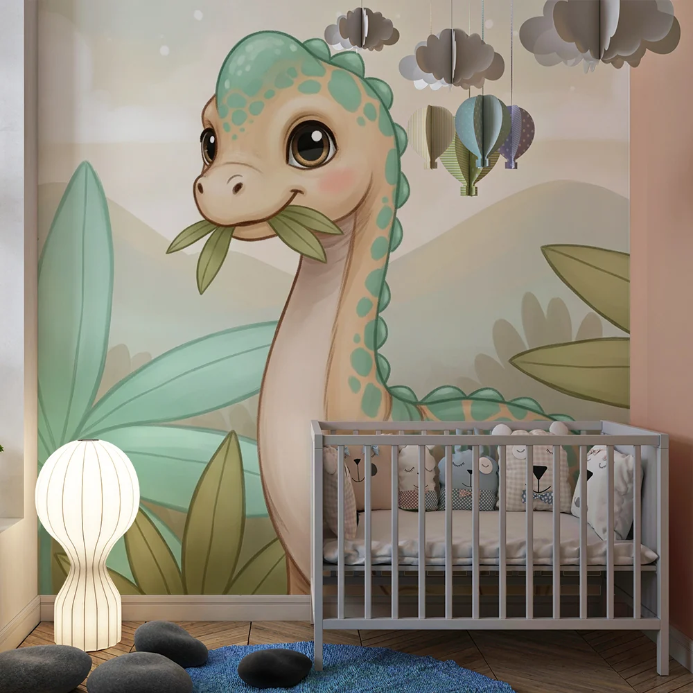 Lastenhuoneen tapetti | Söpö dinosaurus trooppisten lehtien kanssa