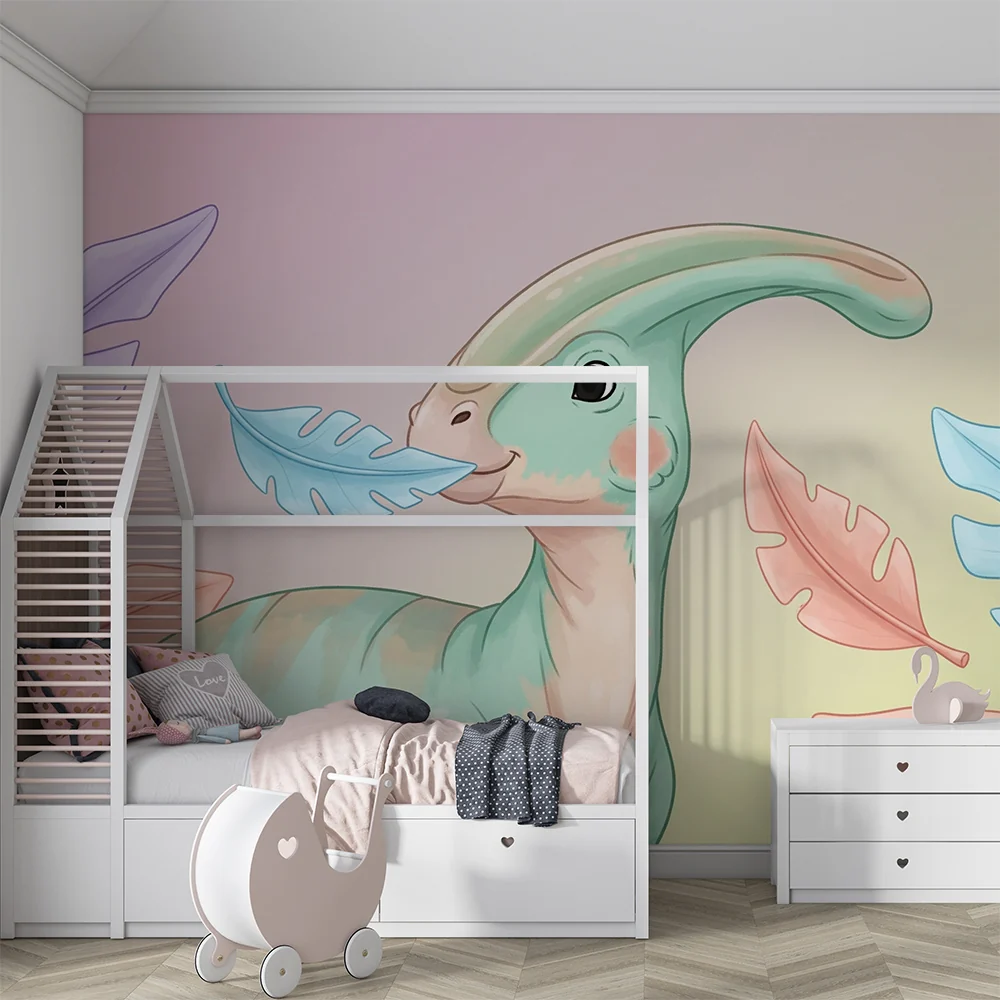 Lastenhuoneen tapetti | Söpö dinosaurus värikkäillä lehdillä