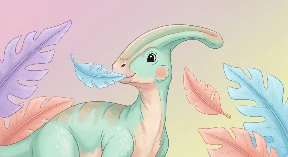Lastenhuoneen tapetti | Söpö dinosaurus värikkäillä lehdillä