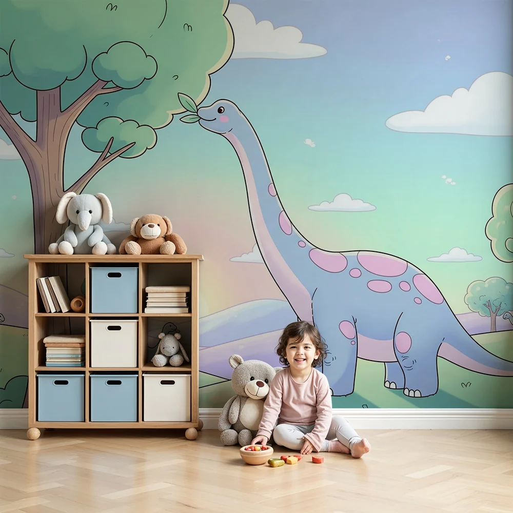Lastenhuoneen tapetti | Söpö dinosaurus värikkäässä maisemassa