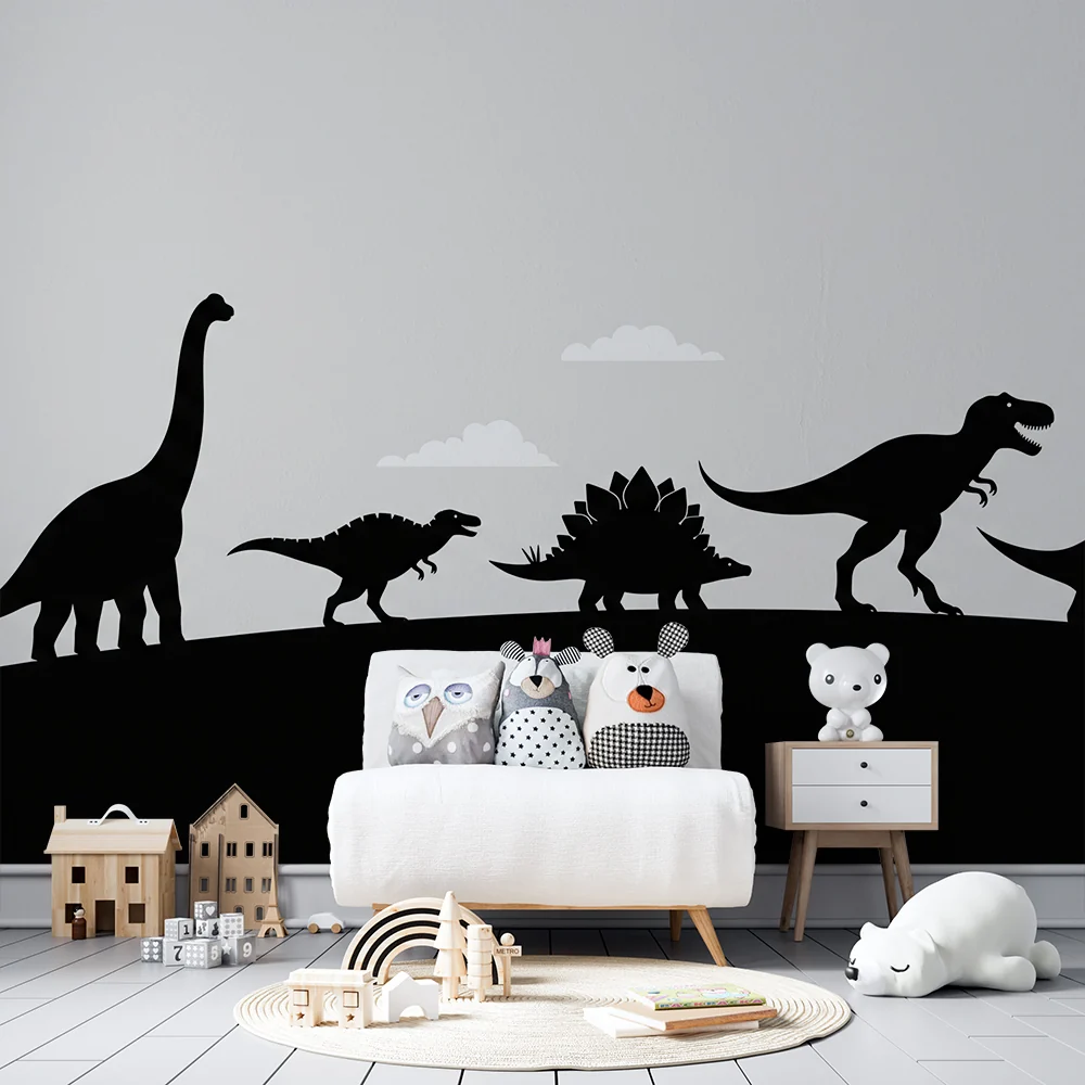 Lastenhuoneen tapetti | Dinosaurusten siluetteja pilvitaustalla