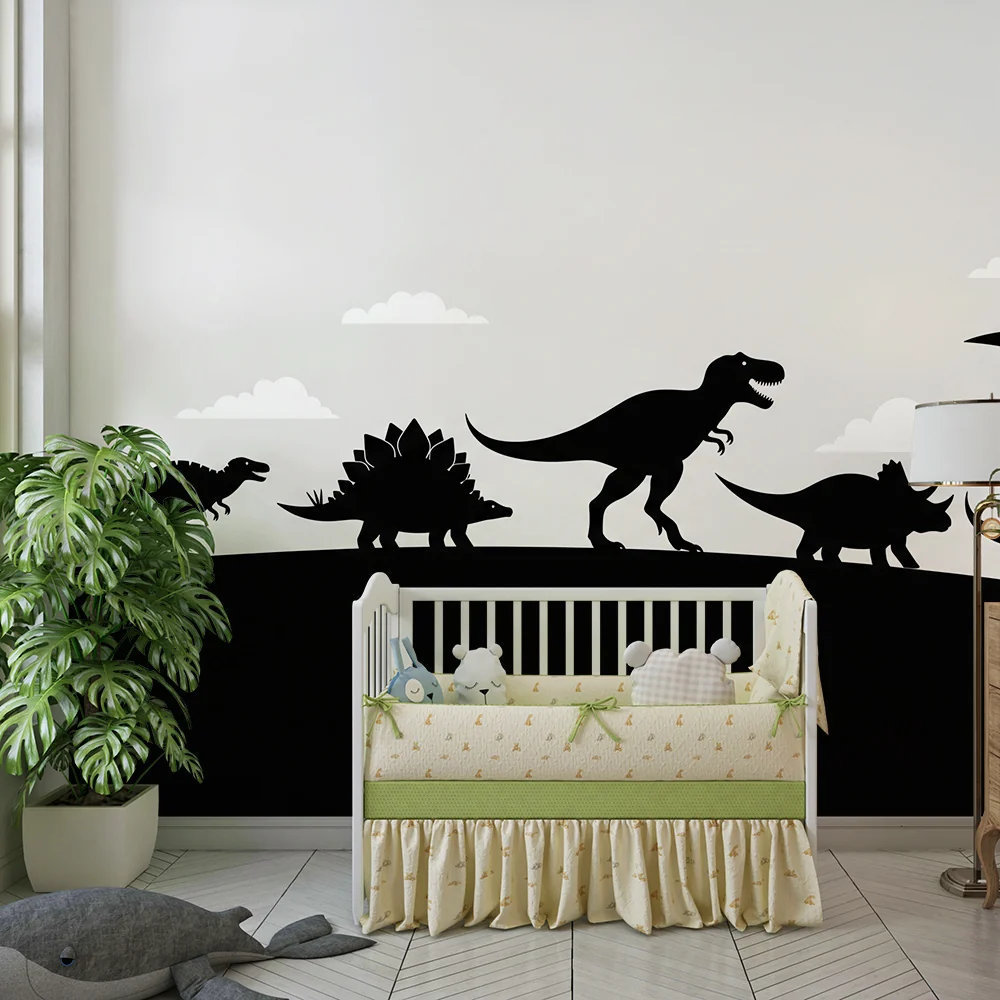 Lastenhuoneen tapetti | Dinosaurusten siluetteja pilvitaustalla