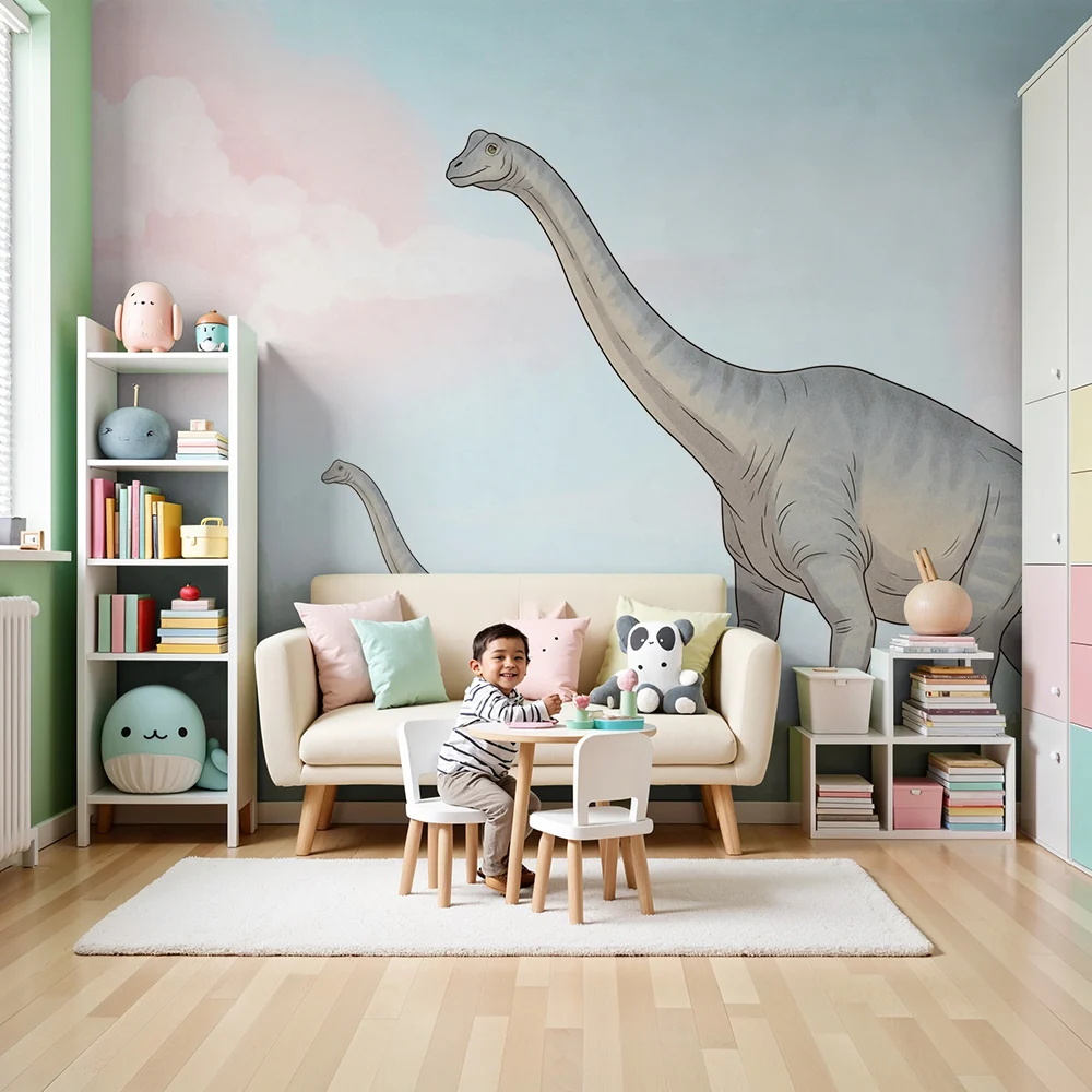 Lastenhuoneen tapetti | Diplodocus pastellisessa monivärisessä taustassa