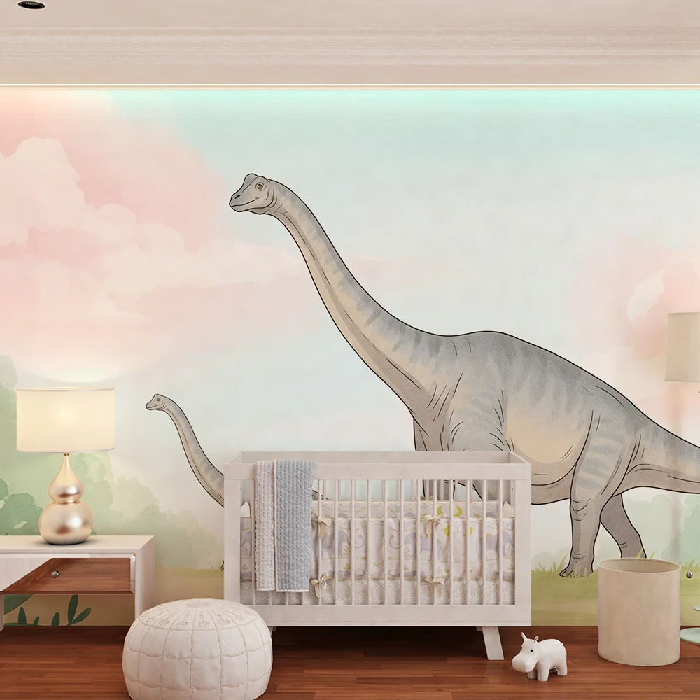 Lastenhuoneen tapetti | Diplodocus pastellisessa monivärisessä taustassa