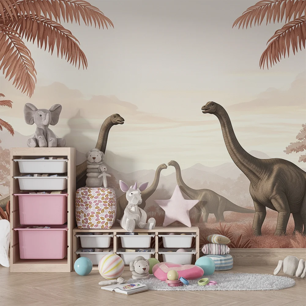 Lastenhuoneen tapetti | Diplodocus ja terrakotan lehdet