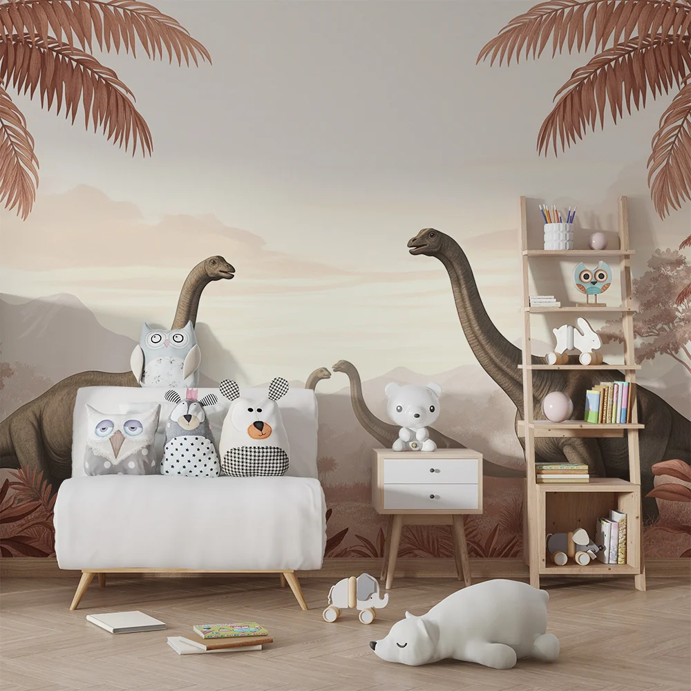 Lastenhuoneen tapetti | Diplodocus ja terrakotan lehdet