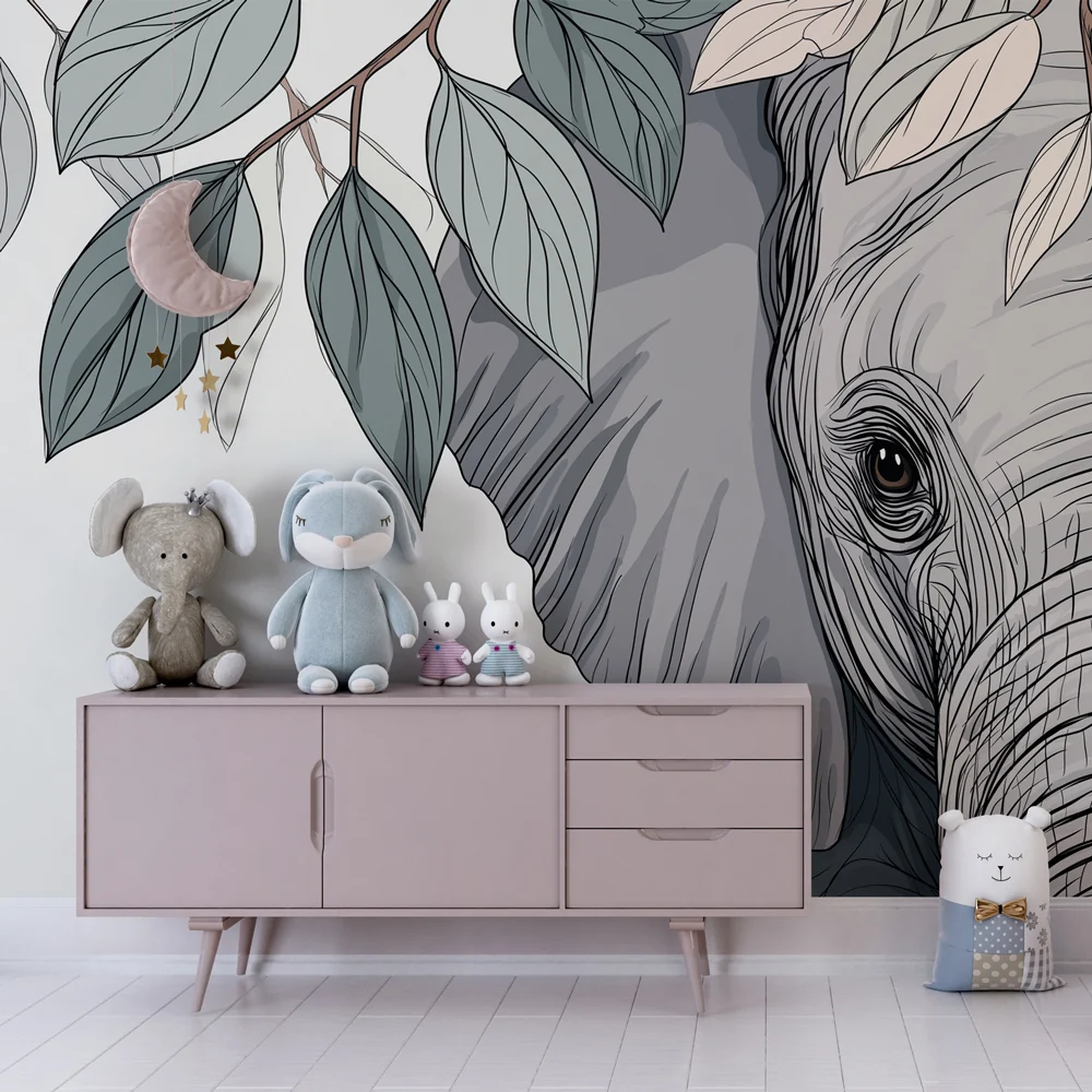 Lastenhuoneen tapetti | Elefantin eleganssi ja rauhoittava lehtikuvio