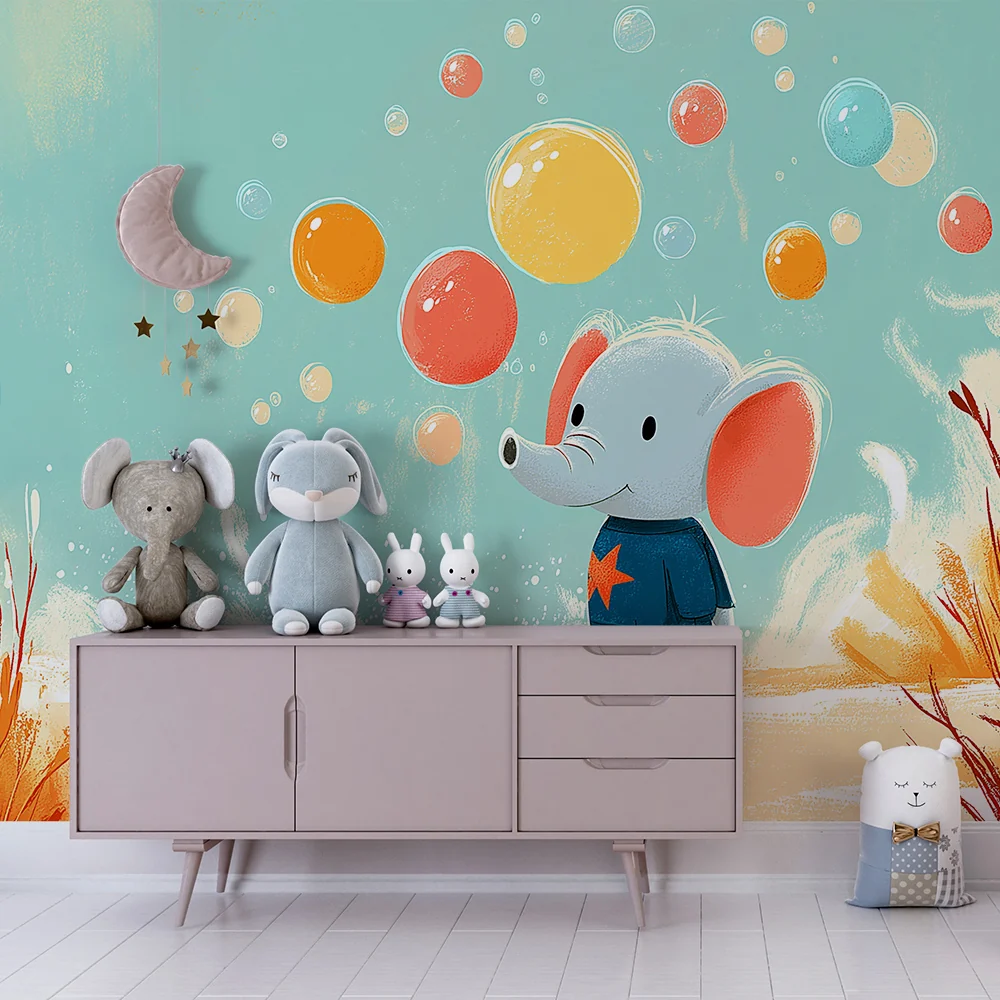 Lastenhuoneen tapetti | Söpö elefantti ja värikkäät kuplat lempeässä maisemassa