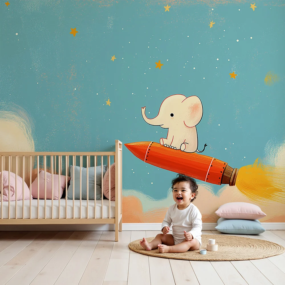 Lastenhuoneen tapetti | Elefanttiastronautti rakettikyydissä tähtitaivaalla