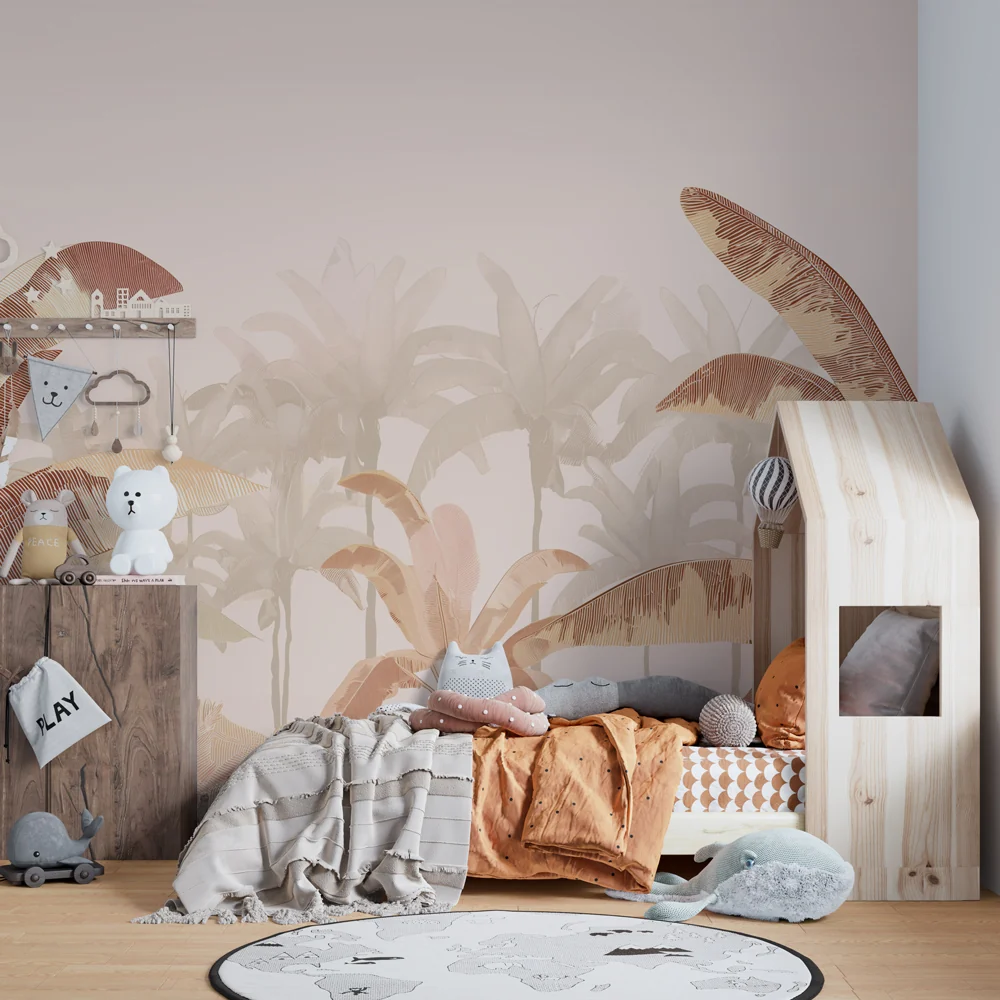 Lastenhuoneen tapetti | Elegantit palmupuut ja lempeä tunnelma
