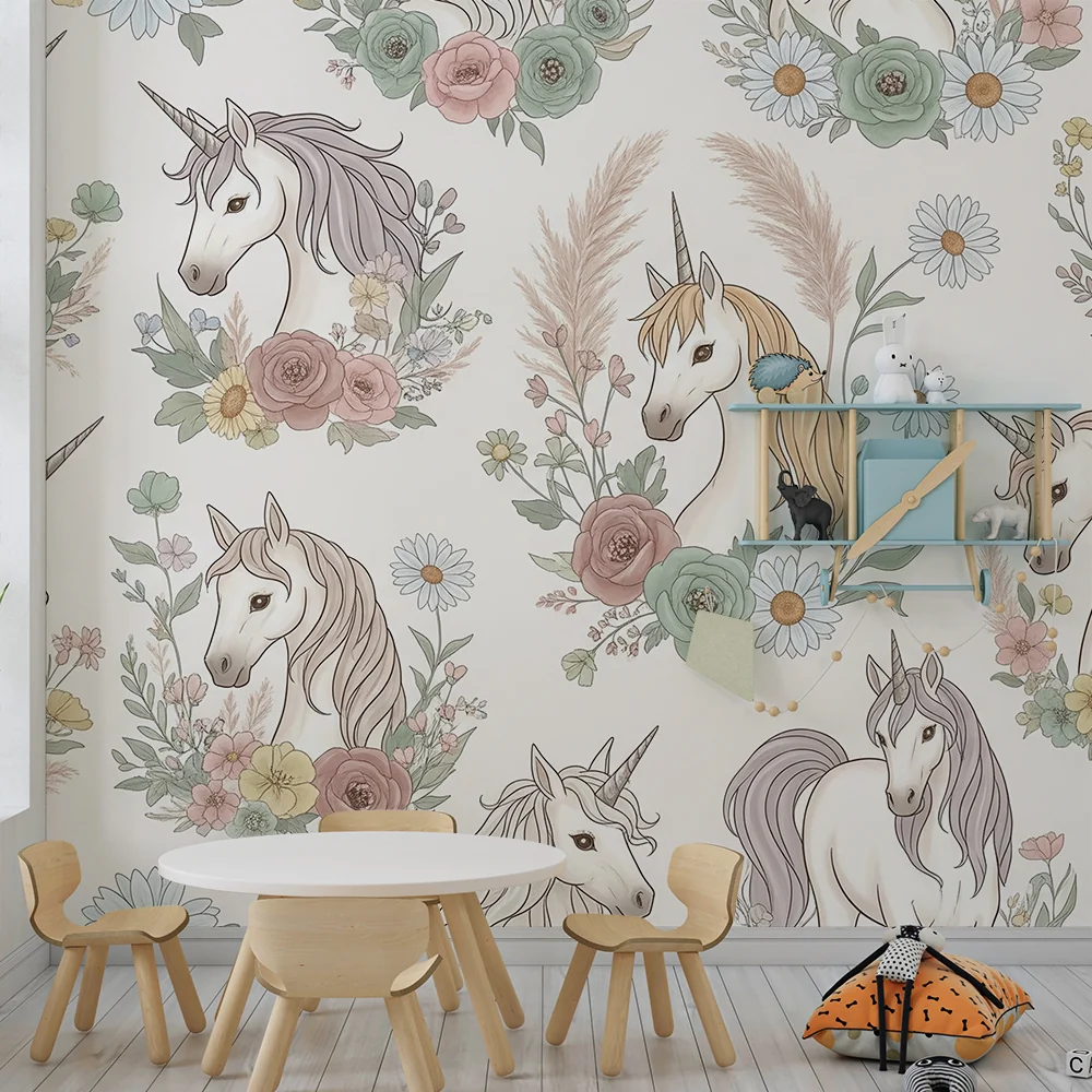 Lastenhuoneen tapetti | Elegantit ympäröidyt yksisarviset herkillä kukilla