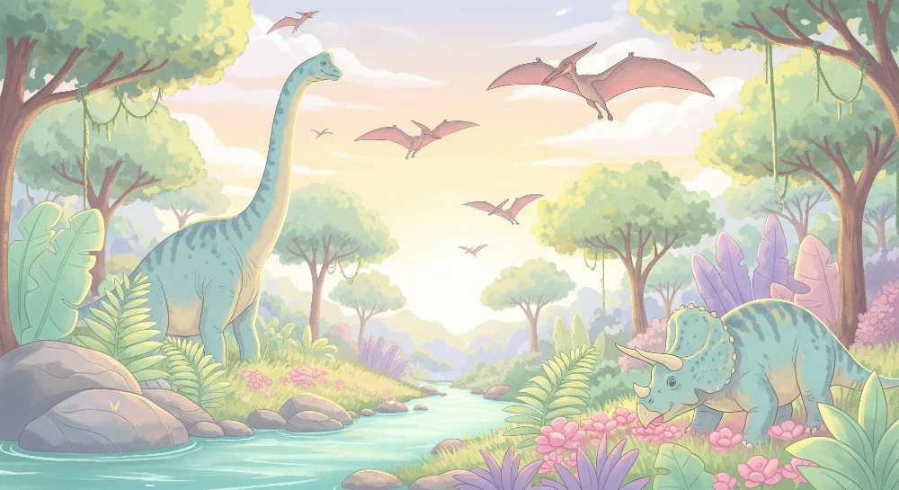 Lastenhuoneen tapetti | Esihistoriallinen seikkailu dinosaurusten ja vehreiden maisemien kanssa