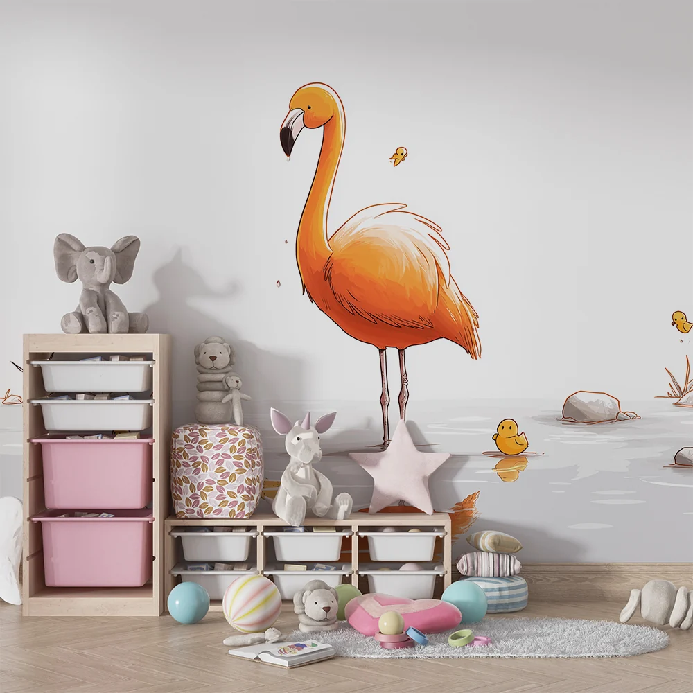 Lastenhuoneen tapetti | Flamingo ja sorsat vesimaisemassa