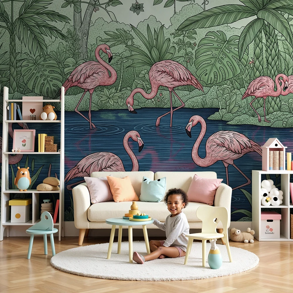 Lastenhuoneen tapetti | Flamingot lampen trooppisen lammen reunalla