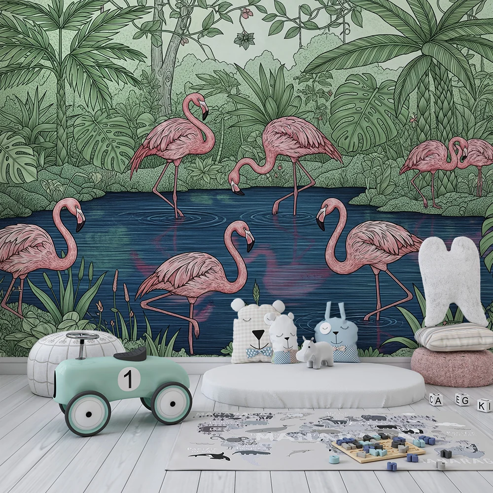 Lastenhuoneen tapetti | Flamingot lampen trooppisen lammen reunalla