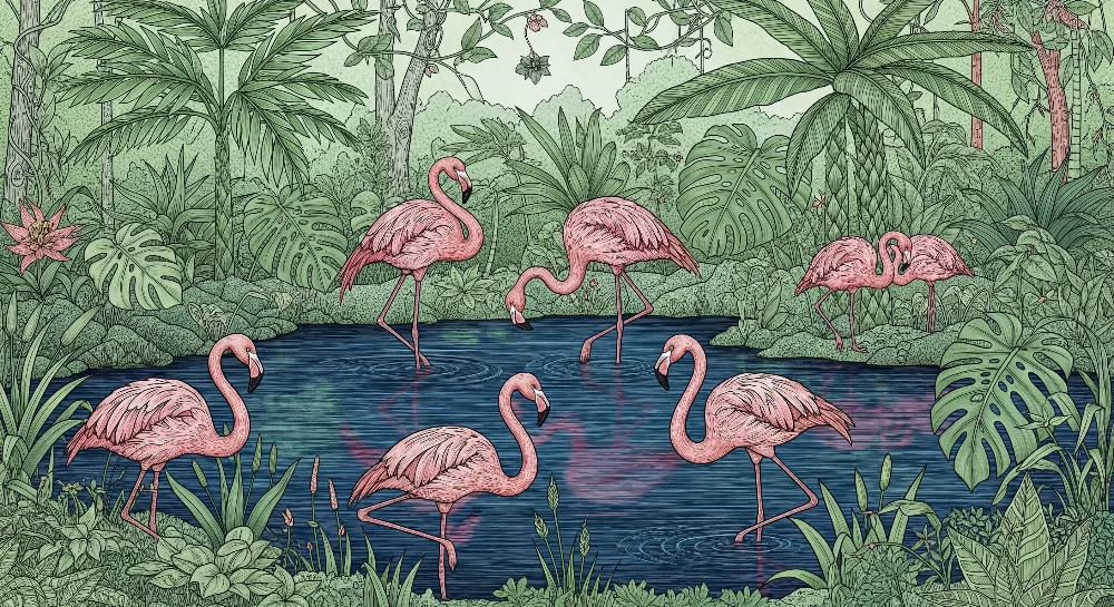 Lastenhuoneen tapetti | Flamingot lampen trooppisen lammen reunalla