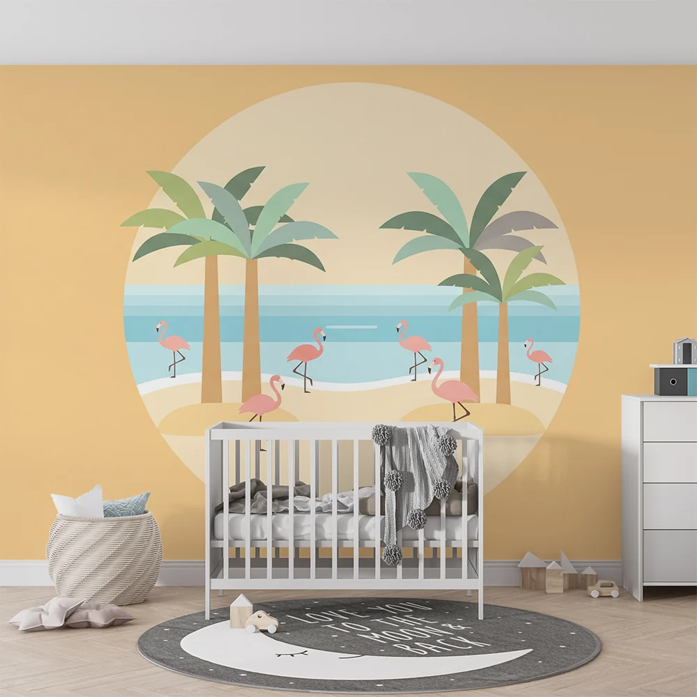 Lastenhuoneen tapetti | Flamingot ja palmuja aurinkoisella rannalla