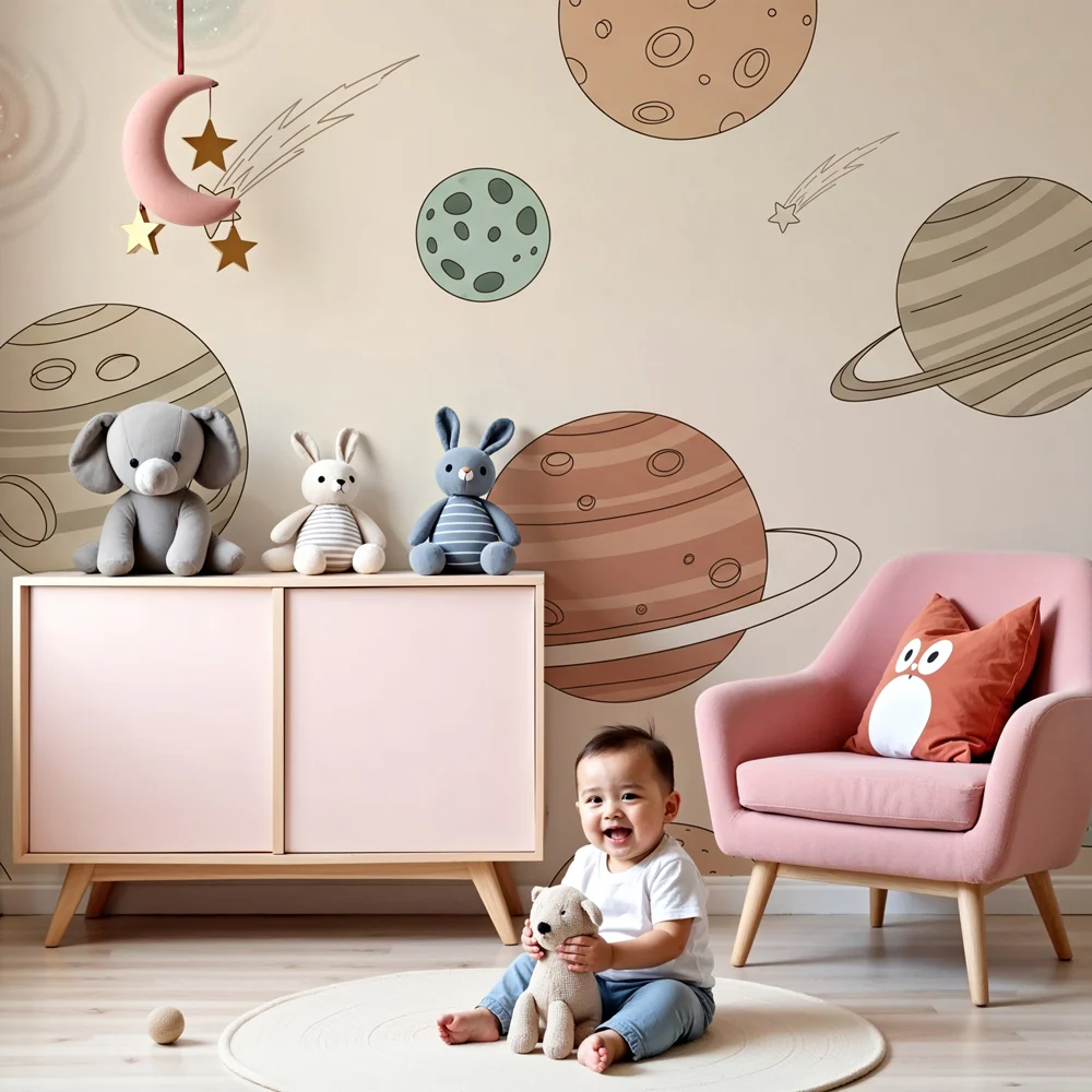 Lastenhuoneen tapetti | Galaktinen matka värikkäiden planeettojen ja beige taustan kanssa