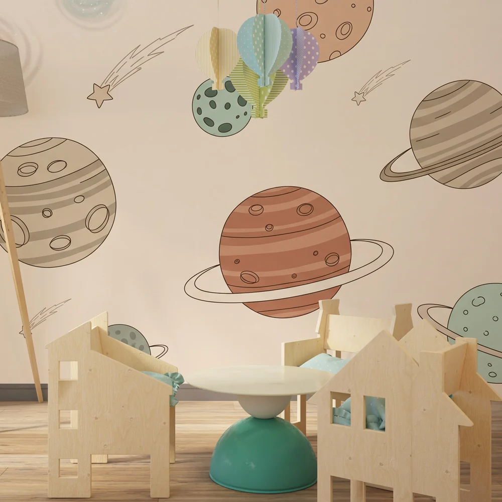 Lastenhuoneen tapetti | Galaktinen matka värikkäiden planeettojen ja beige taustan kanssa