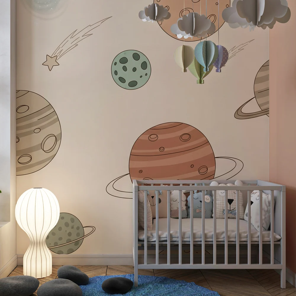 Lastenhuoneen tapetti | Galaktinen matka värikkäiden planeettojen ja beige taustan kanssa