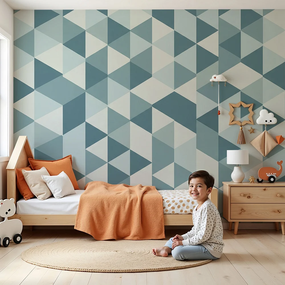 Lastenhuoneen tapetti | Geometrinen kuvio sinisen sävyissä