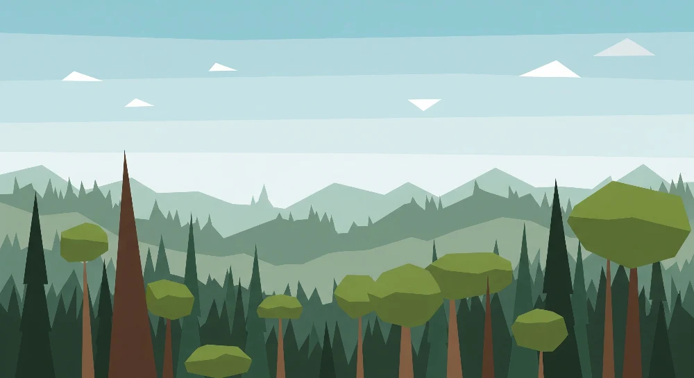 Lastenhuoneen tapetti | Geometrinen metsä vuorilla ja sinisellä taivaalla