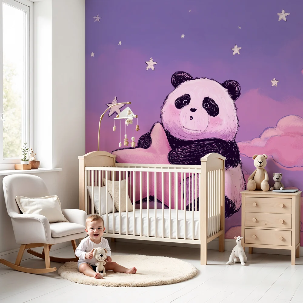 Lastenhuoneen tapetti | Halaava panda tähtitaivaan alla