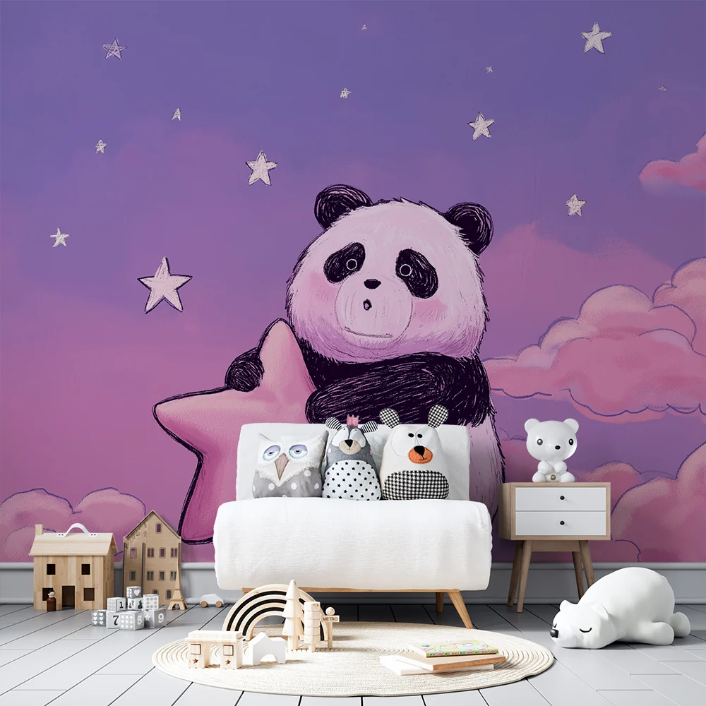 Lastenhuoneen tapetti | Halaava panda tähtitaivaan alla