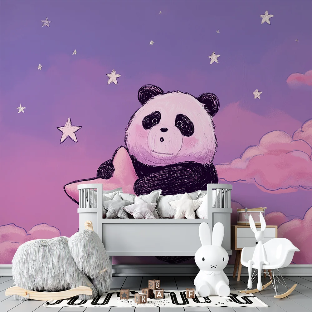 Lastenhuoneen tapetti | Halaava panda tähtitaivaan alla