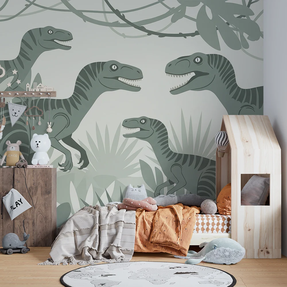 Lastenhuoneen tapetti | Hauska dinosaurus vihreässä viidakossa