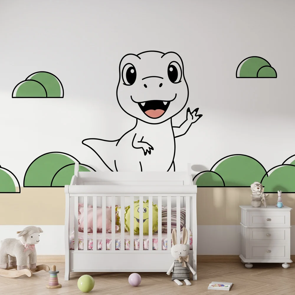 Lastenhuoneen tapetti | Hauska pieni dinosaurus leikkisässä maisemassa