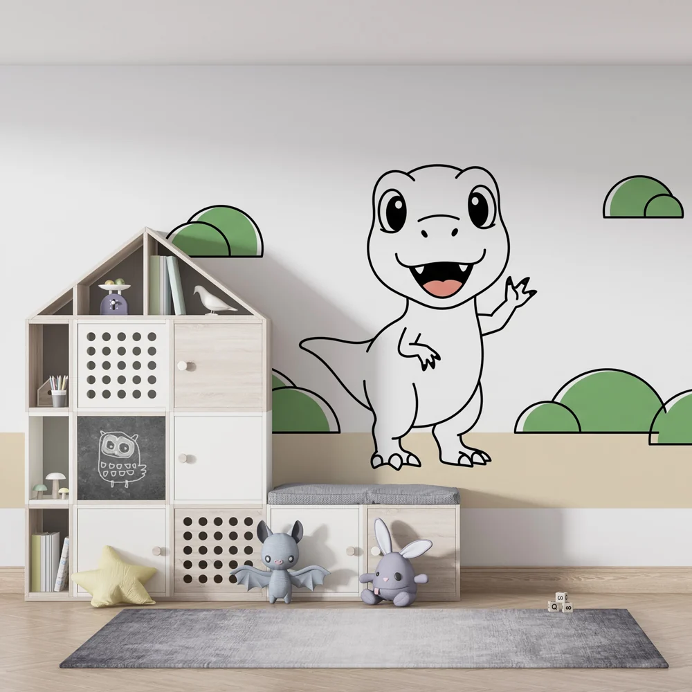Lastenhuoneen tapetti | Hauska pieni dinosaurus leikkisässä maisemassa