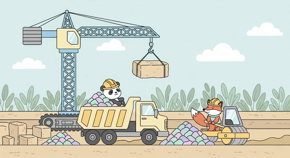 Lastenhuoneen tapetti | Hauska työmaa pandan ja ketun kanssa