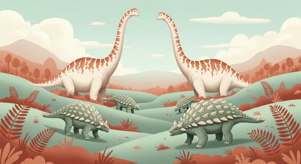 Lastenhuoneen tapetti | Hauskat dinosaurukset esihistoriallisessa maisemassa
